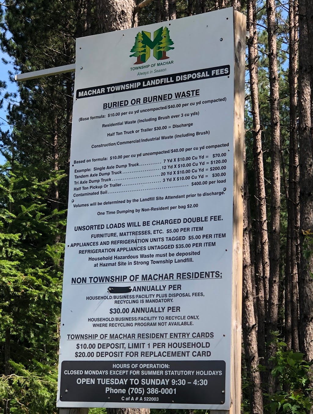 Machar Sani Landfill Site | 111 Municipal Rd, South River, ON P0A 1X0, Canada | Phone: (705) 386-0001