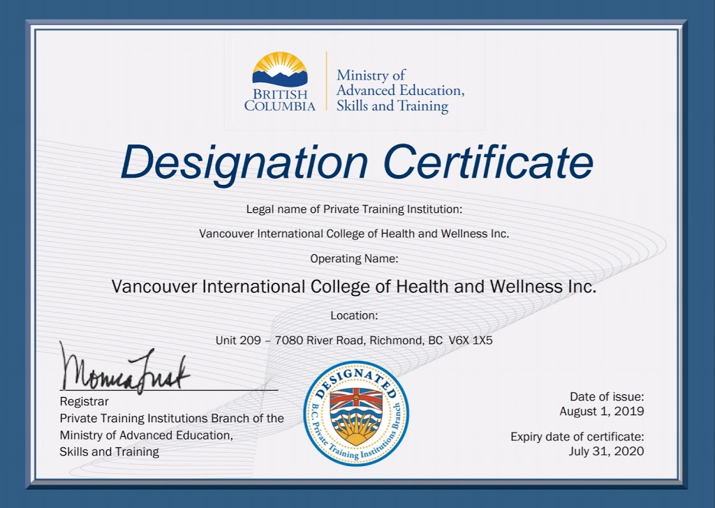 Vancouver International College of Health and Wellness | 7080 River Rd Unit 209, Richmond, BC V6X 1X5, Canada | Phone: (778) 885-5188