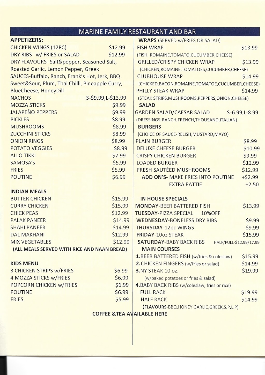 Marine Family Restaurant & Bar | 141 Boundary Ave S, Fort QuAppelle, SK S0G 1S0, Canada | Phone: (306) 332-1270