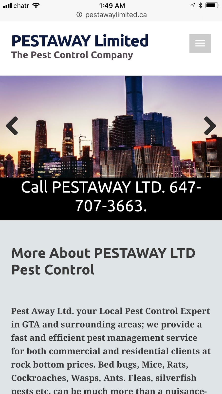 Pest Away Limited | 17 Cotswold Ct, Brampton, ON L6T 1Z8, Canada | Phone: (647) 707-3663