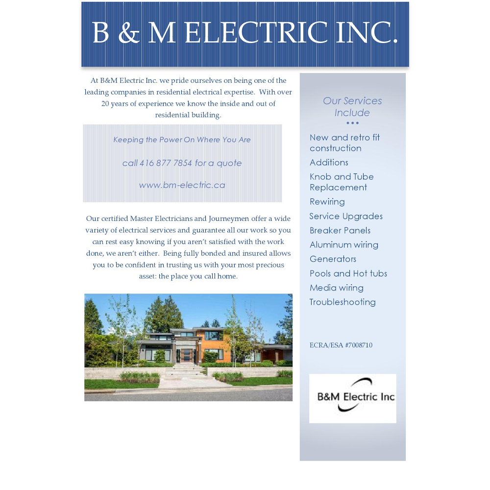 B&M Electric, Inc. | 62 Ravenscrest Dr, Etobicoke, ON M9B 5M7, Canada | Phone: (416) 877-7854