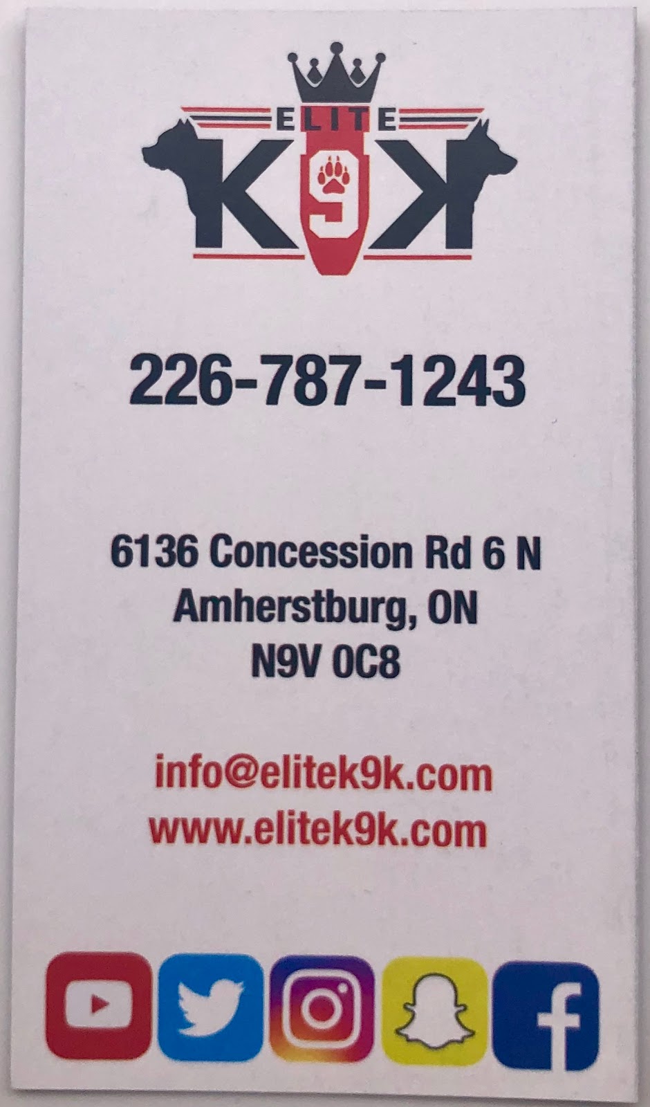 Elite K9K | 6136 Concession Rd 6 N, Amherstburg, ON N9V 0C8, Canada | Phone: (226) 787-1243