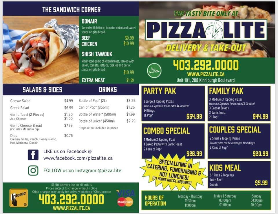 Pizza Lite | 288 Kinniburgh Blvd #101, Chestermere, AB T1X 0V8, Canada | Phone: (403) 292-0000