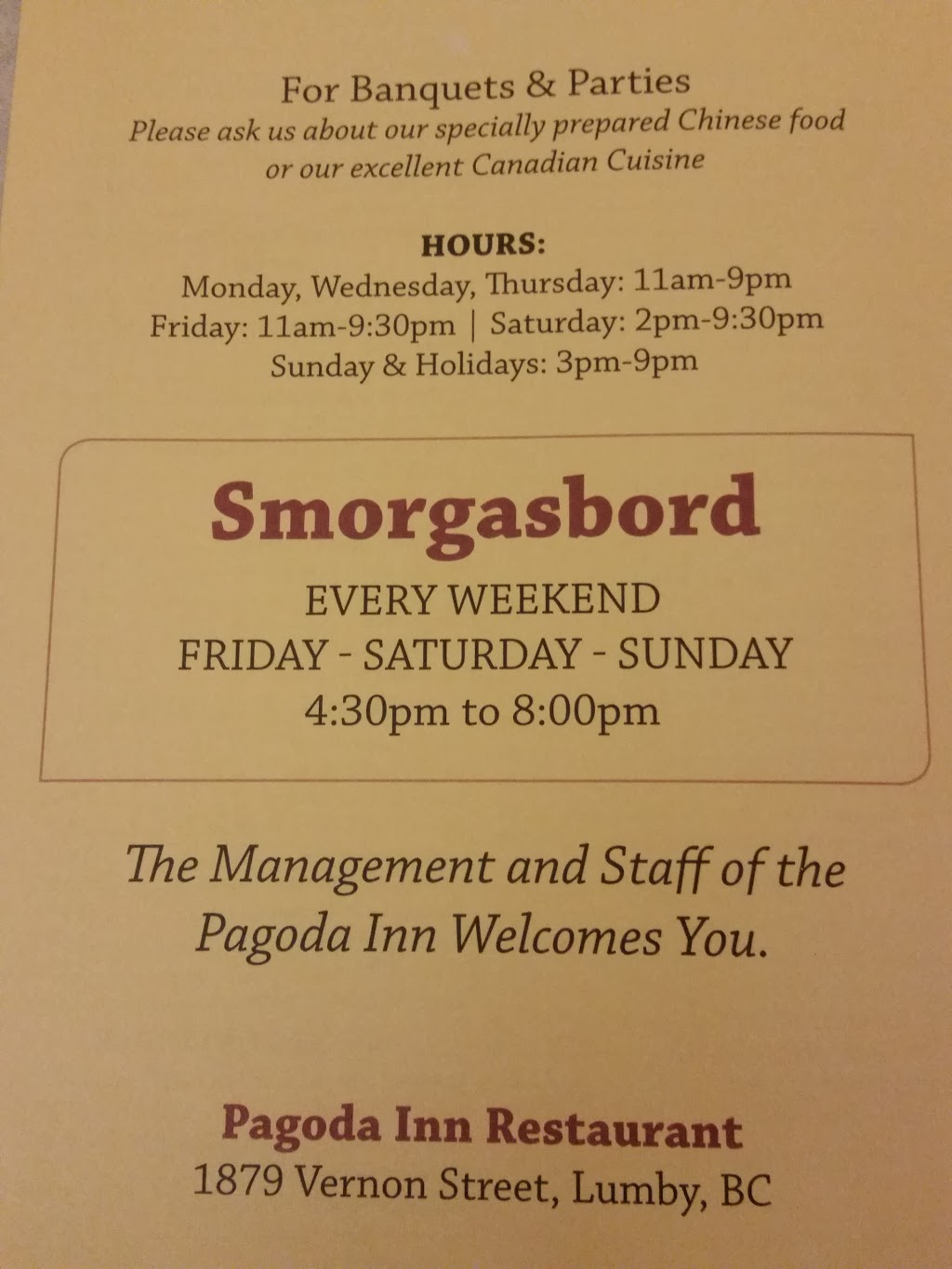 Pagoda Inn Restaurant | 1887 Vernon St, Lumby, BC V0E 2G0, Canada | Phone: (250) 547-9724
