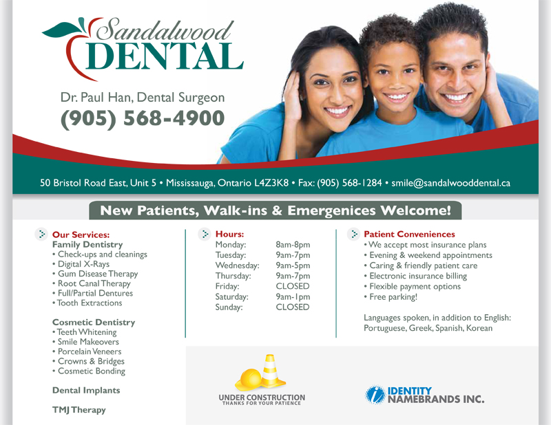 Sandalwood Dental | 50 Bristol Rd E, Mississauga, ON L4Z 3K8, Canada | Phone: (905) 568-4900