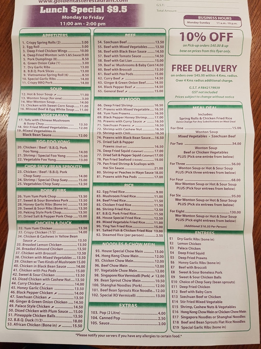 Golden Taste Restaurant | 2940 Ellwood Dr SW, Edmonton, AB T6X 0W6, Canada | Phone: (780) 430-6380