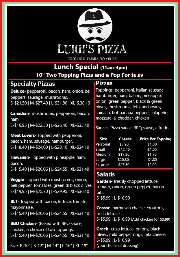 Luigis Pizza | 78 McNaughton Ave, Wallaceburg, ON N8A 1R9, Canada | Phone: (519) 626-8554
