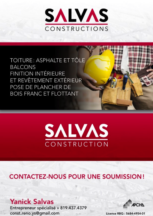 Les Constructions Salvas Inc | 332 Rue Gosselin, Magog, QC J1X 5R8, Canada | Phone: (819) 437-4379