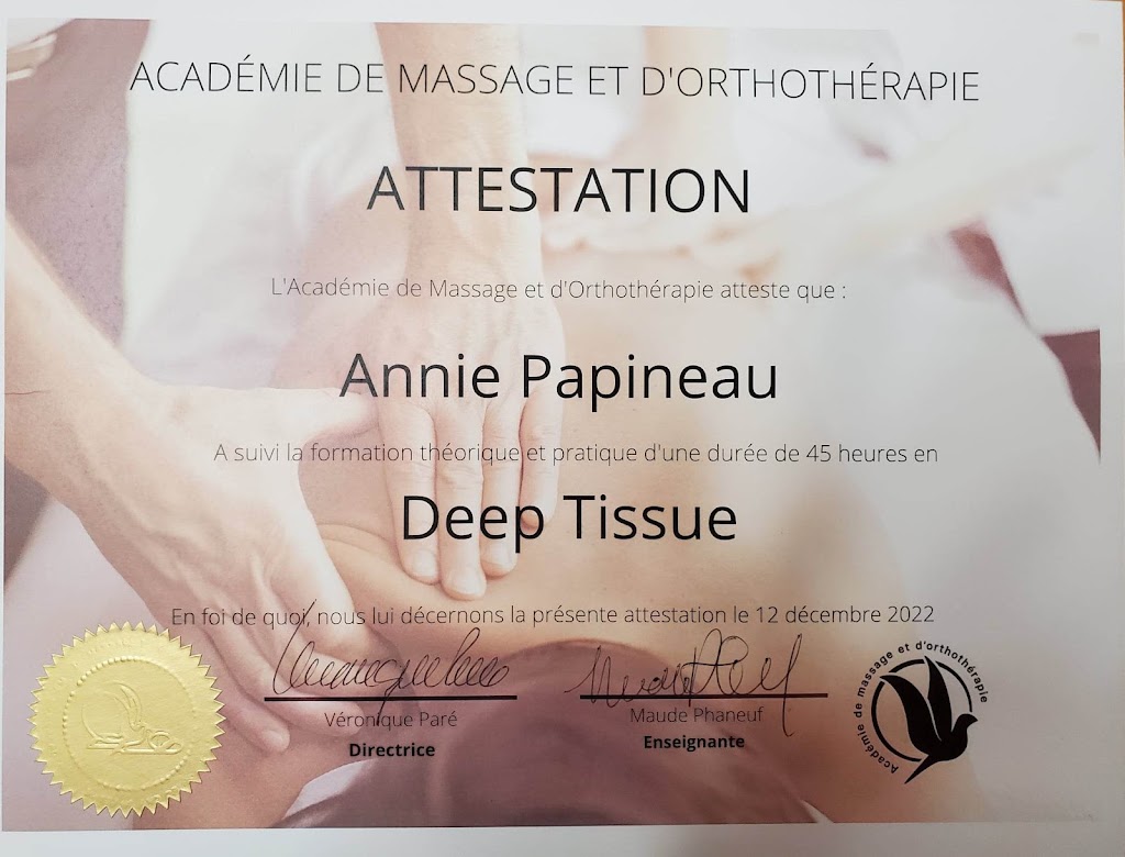 Annie Papineau Massothérapeute | 742 Rue de la Madone, Mont-Laurier, QC J9L 1S9, Canada | Phone: (819) 440-5806