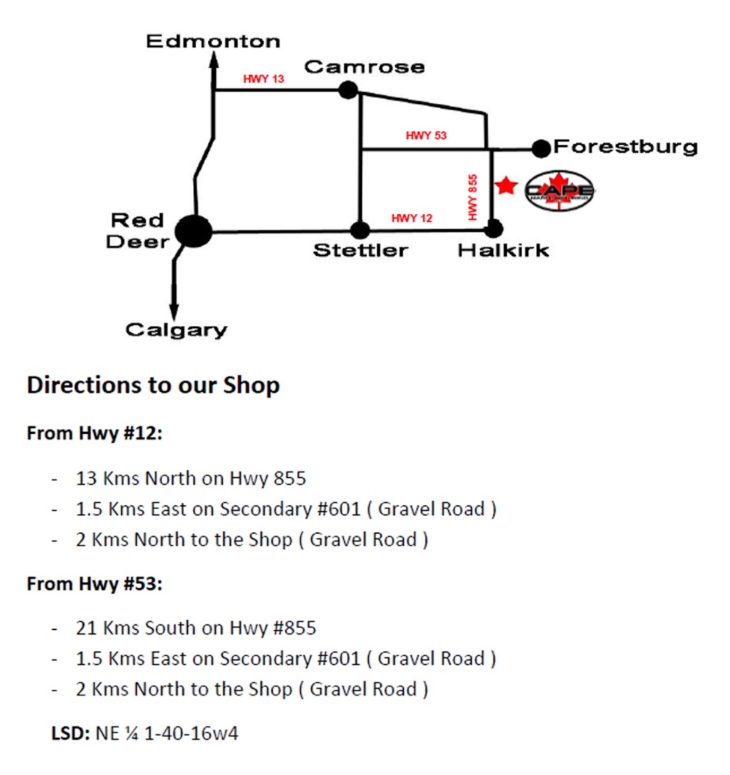 Cape Manufacturing Ltd. | 40026, Township Rd 400, Range Road 160, AB T0C 1M0, Canada | Phone: (403) 884-2442