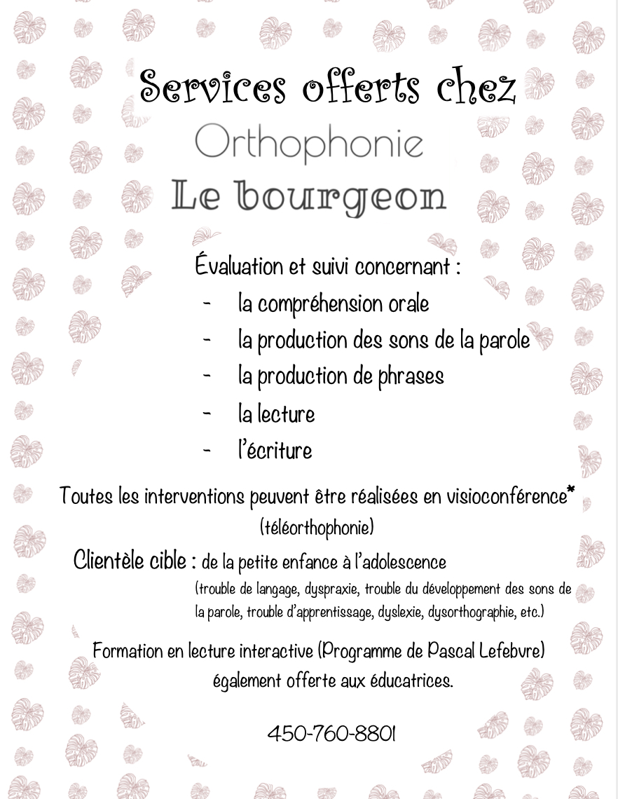 Orthophonie Le Bourgeon | 204 Route Principale, Saint-Jean-de-Matha, QC J0K 2S0, Canada | Phone: (450) 760-8801
