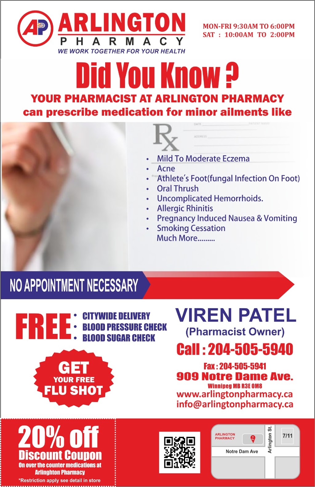 Arlington Pharmacy | 909 Notre Dame Ave unit-b, Winnipeg, MB R3E 0M8, Canada | Phone: (204) 505-5940