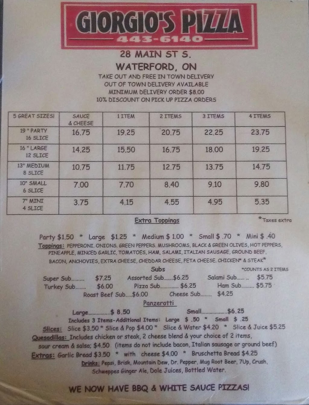 Giorgios Pizza | 28 Main St S, Waterford, ON N0E 1Y0, Canada | Phone: (519) 443-6140