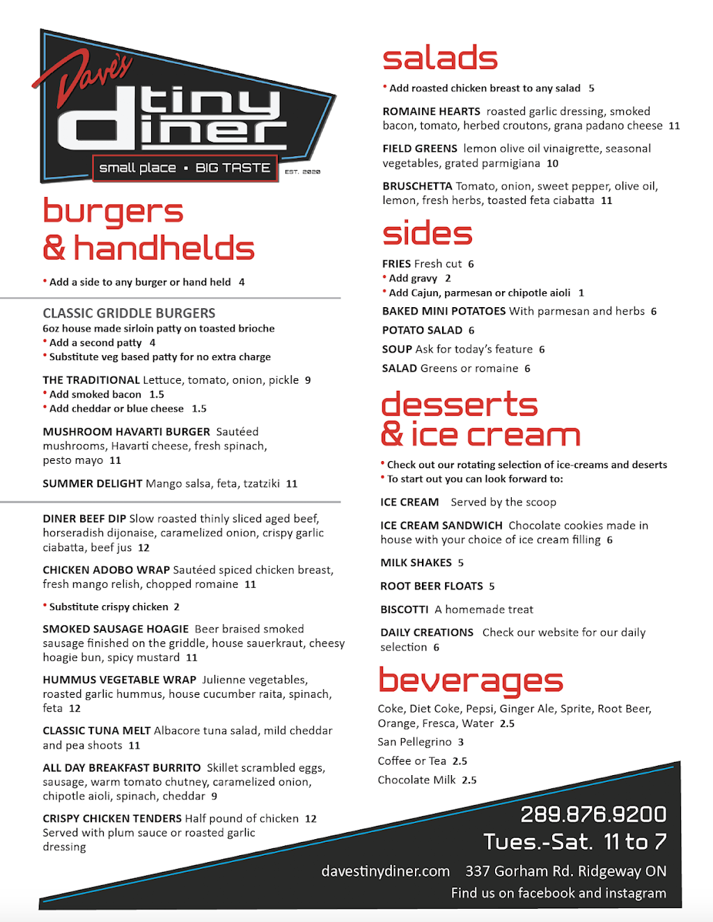Daves Tiny Diner | 337 Gorham Rd, Ridgeway, ON L0S 1N0, Canada | Phone: (289) 876-9200