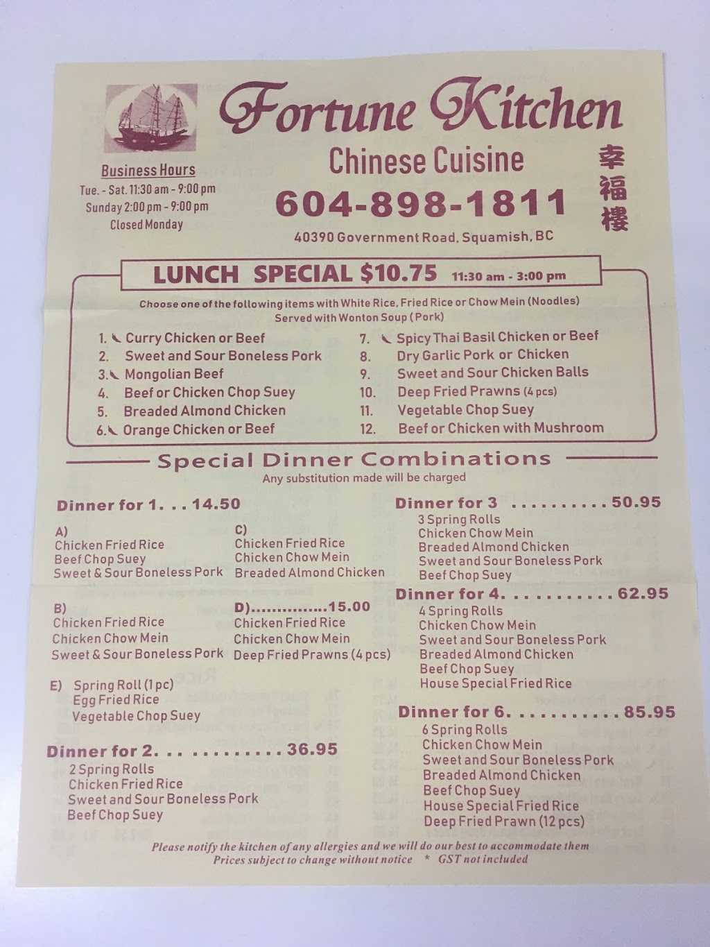 Fortune Kitchen Chinese Cuisine | 40390 Government Rd, Garibaldi Highlands, BC V0N 1T0, Canada | Phone: (604) 898-1811