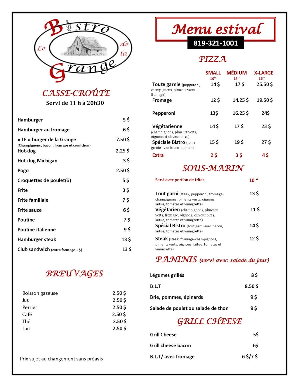 Le Bistro de la Grange | 2053 Chemin de Ste Lucie, Sainte-Lucie-des-Laurentides, QC J0T 2J0, Canada | Phone: (819) 321-1001