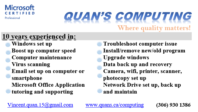 A COMPUTER SERVICES - QUANS COMPUTING | 10 McKnight Dr, Prince Albert, SK S6V 7Z7, Canada | Phone: (306) 930-1386