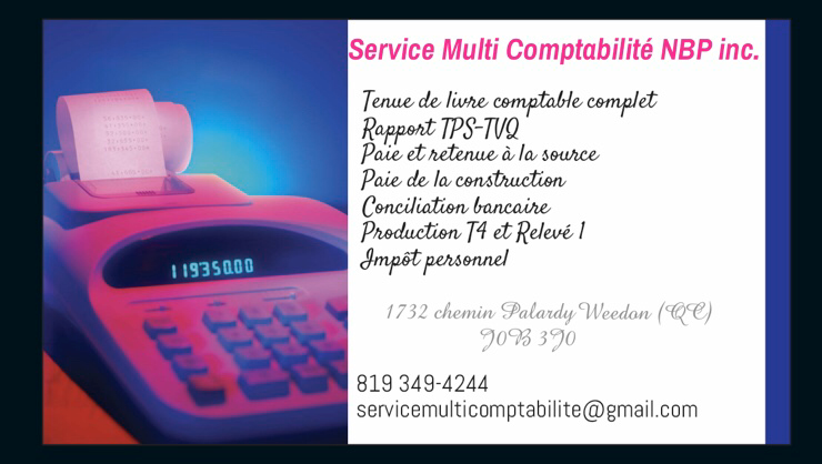 Service Multi Comptabilité NBP inc. | 1732 Chem. Palardy, Weedon, QC J0B 3J0, Canada | Phone: (819) 349-4244