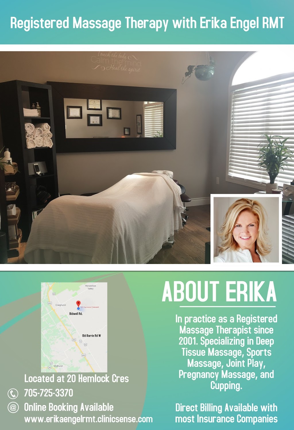 Erika Engel, RMT | 20 Hemlock Crescent, Shanty Bay, ON L0L 2L0, Canada | Phone: (705) 725-3370