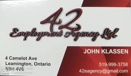 42 Employment Agency Ltd. | point of interest | 4 Camelot Ave, Leamington, ON N8H 4V6, Canada | 5199993758 OR +1 519-999-3758