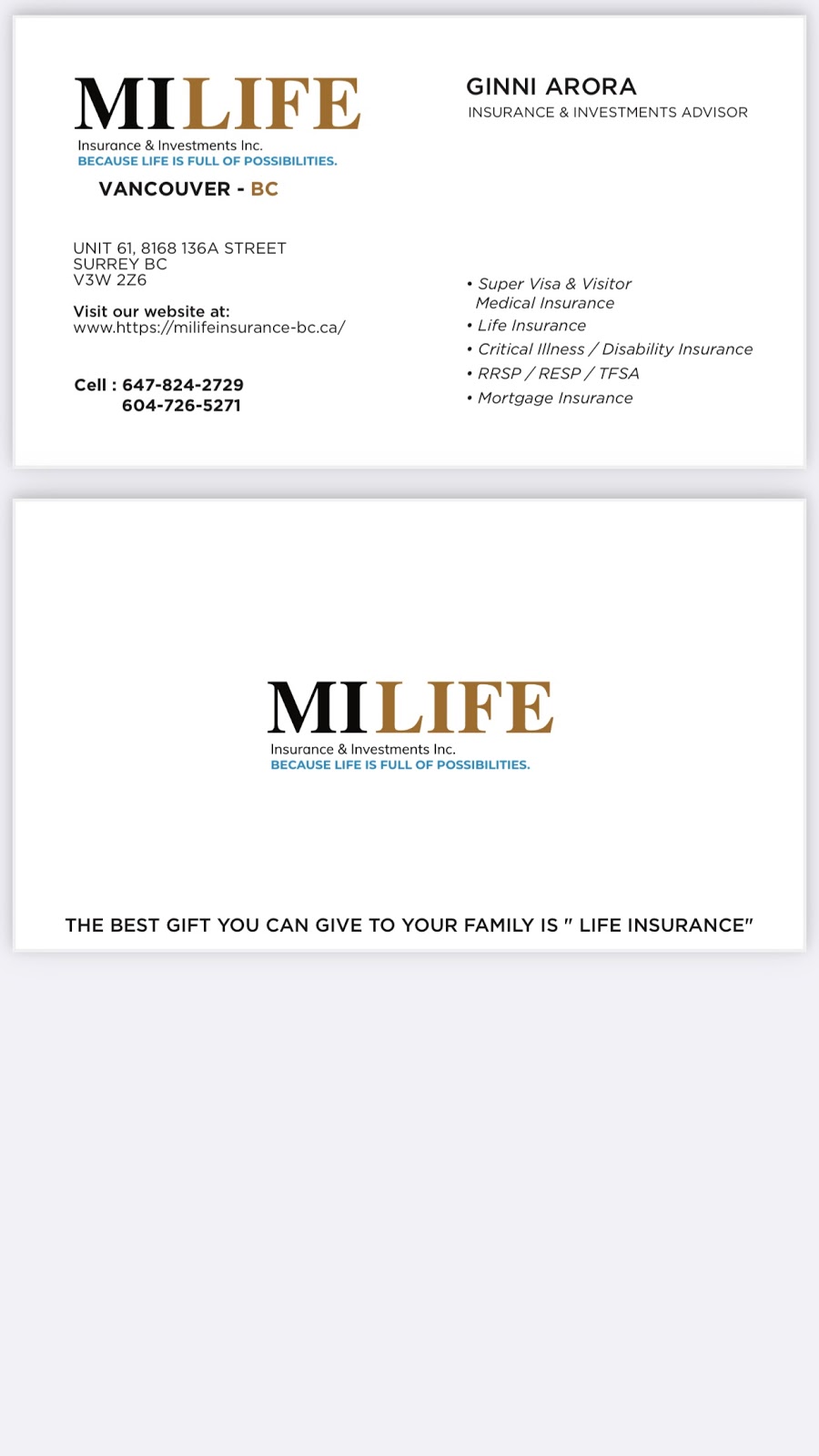 MILIFE Insurance & Investments Inc BC | 8168 136A St unit 61, Surrey, BC V3W 2Z6, Canada | Phone: (647) 824-2729