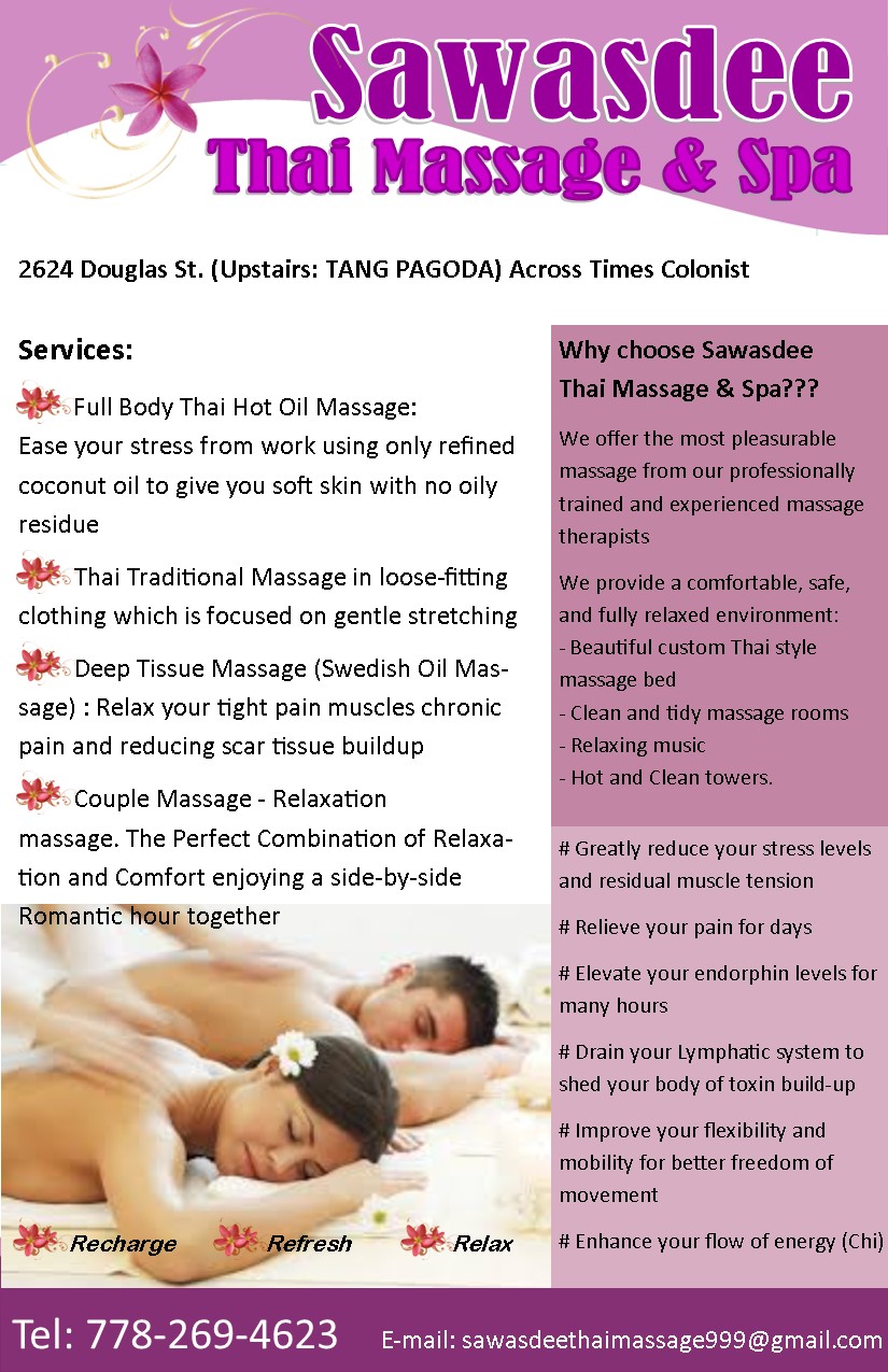 Sawasdee Thai Massage & Spa | 2624 Douglas St, Victoria, BC V8T 4M1, Canada | Phone: (778) 269-4623