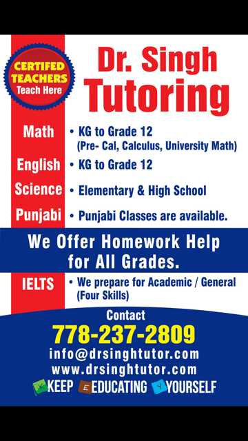Dr Singh Tutor | 12427 69 Ave, Surrey, BC V3W 0L7, Canada | Phone: (778) 237-2809