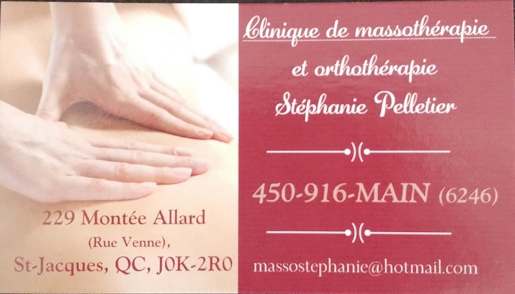 Massothérapie Stéphanie Pelletier | 229 Mnt Allard, Saint-Jacques, QC J0K 2R0, Canada | Phone: (450) 916-6246