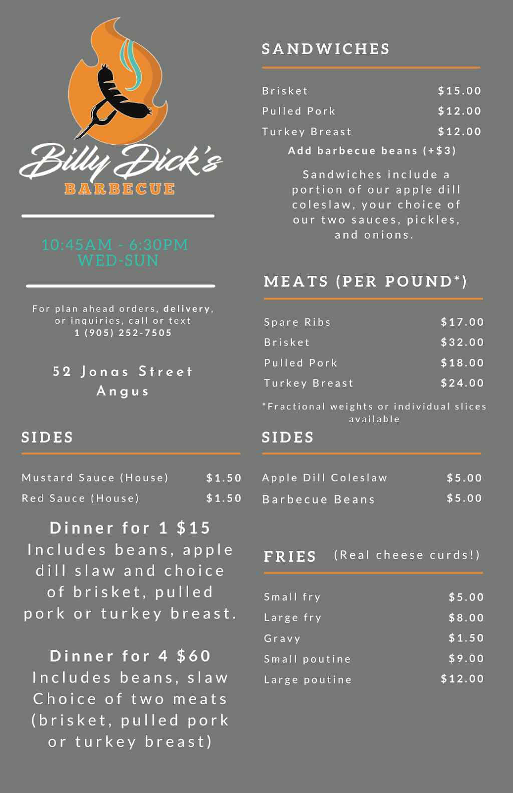 Billy Dicks Barbecue | 52 Jonas St, Angus, ON L0M 1B0, Canada | Phone: (905) 252-7505