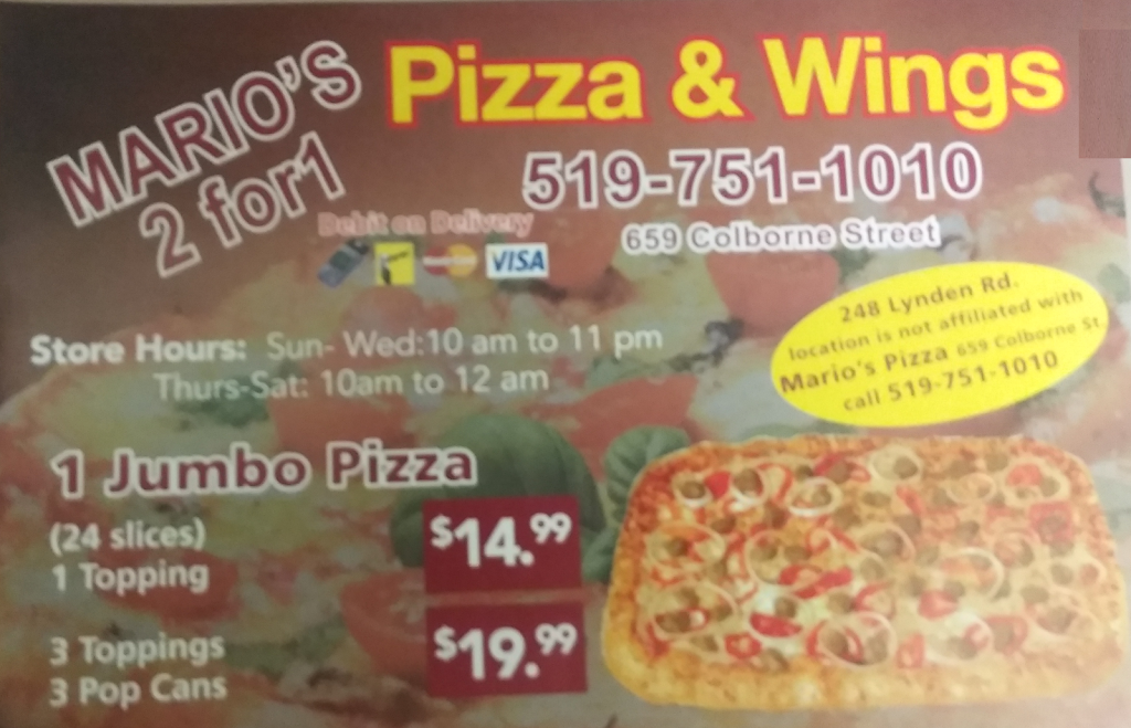 Marios 2 For 1 Pizza & Wings | 659 Colborne St E, Brantford, ON N3S 3M8, Canada | Phone: (519) 751-1010