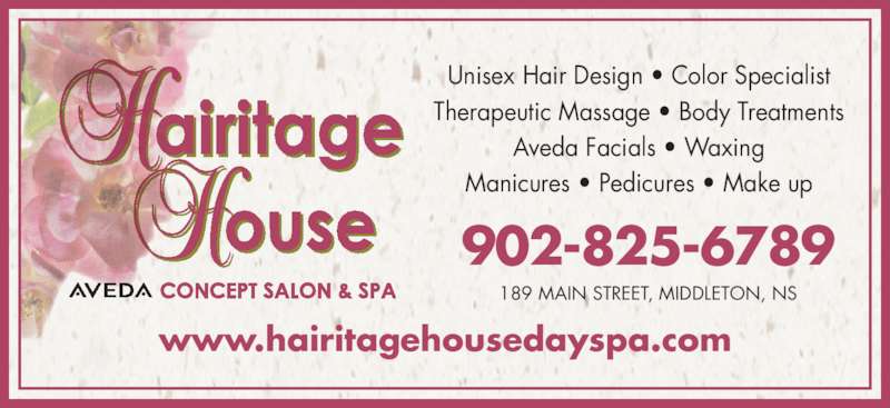 Hairitage House Salon & Day Spa | 189 Main St, Middleton, NS B0S 1P0, Canada | Phone: (902) 825-6789