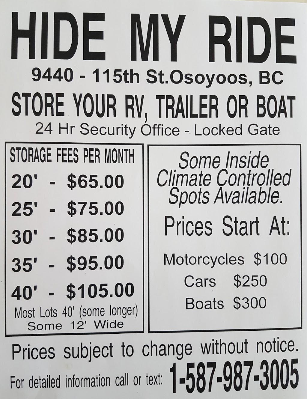 Hide My Ride | 9440 115th St, Osoyoos, BC V0H 1V5, Canada | Phone: (587) 987-3005
