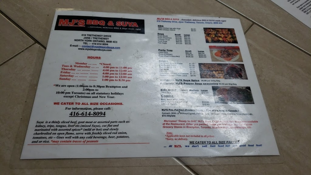 Mjs Bbq & Suya | 618 Trethewey Dr, North York, ON M6M 4C3, Canada | Phone: (416) 614-8094