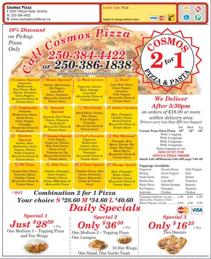 Cosmos Pizza | 3450 Tillicum Rd, Victoria, BC V8Z 4H3, Canada | Phone: (250) 384-4422