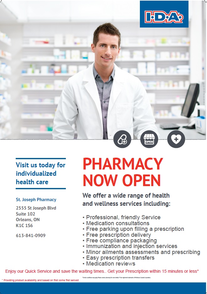 IDA St. Joseph Pharmacy | 2555 St Joseph Blvd Suite 102, Orléans, ON K1C 1S6, Canada | Phone: (613) 841-0909