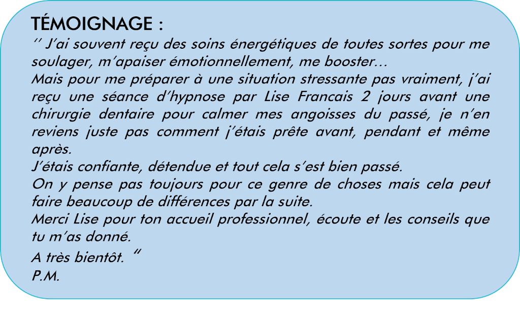 Lise Francais - Hypnothérapeute & Maître Reiki | 3517 Av. des Érables, Montréal, QC H2K 3V6, Canada | Phone: (514) 804-0676