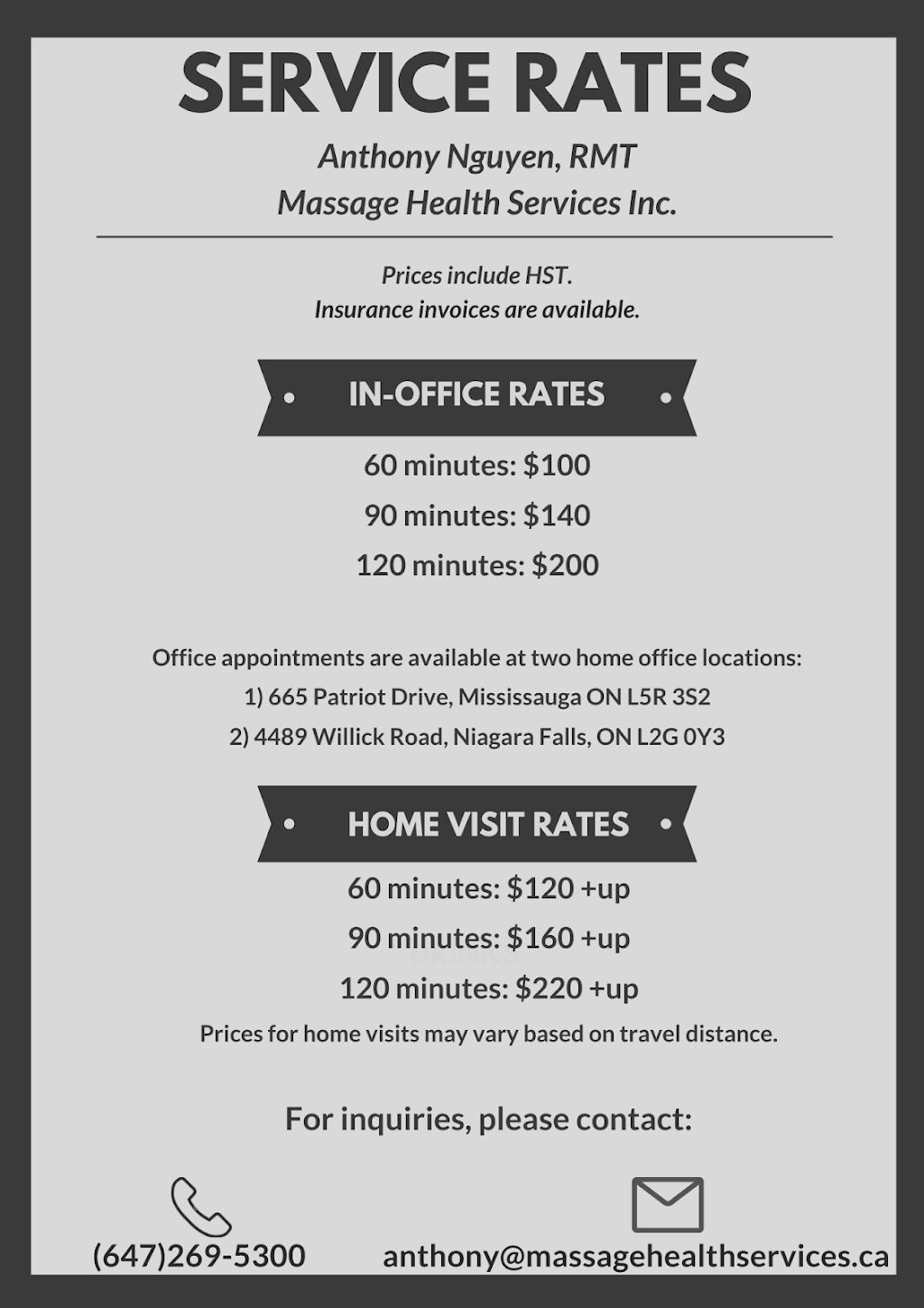 Anthony Nguyen, RMT (Registered Massage Therapist) | 4489 Willick Rd, Niagara Falls, ON L2G 0Y3, Canada | Phone: (647) 269-5300