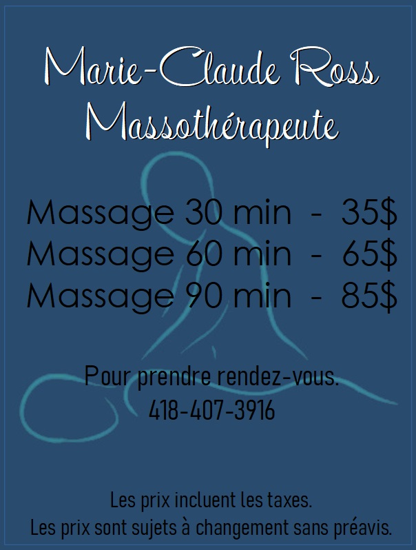 Marie-Claude Ross Massothérapeute | 9585 Av. Nantel, Québec, QC G2B 5A2, Canada | Phone: (418) 407-3916