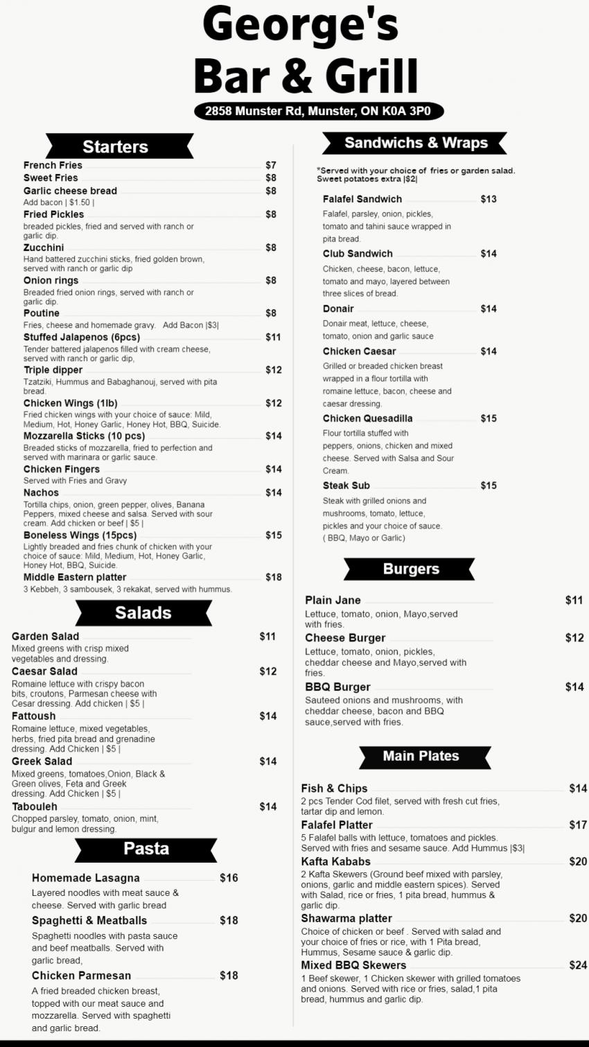 Georges Bar & Grill | 2858 Munster Rd, Ottawa, ON K0A 3P0, Canada | Phone: (613) 838-2521