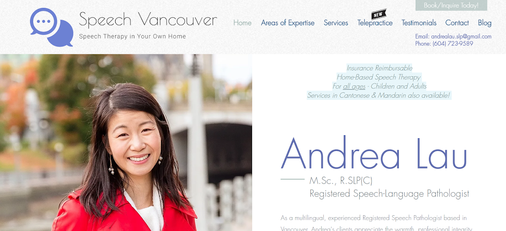 Andrea Lau, Registered SLP | SpeechVancouver.com | 3438 Vanness Ave Unit 910, Vancouver, BC V5R 6E7, Canada | Phone: (604) 723-9589