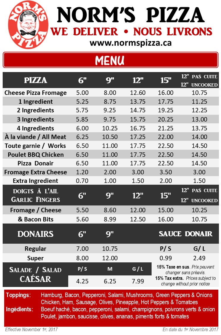 Norms Pizza | 537 Main St, Shediac, NB E4P 2C5, Canada | Phone: (506) 532-2203