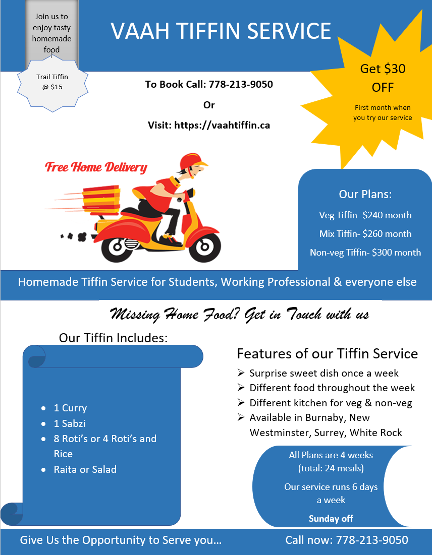 Vaah Tiffin Service | 27253 Fraser Hwy, Aldergrove, BC V4W 3P9, Canada | Phone: (778) 213-9050