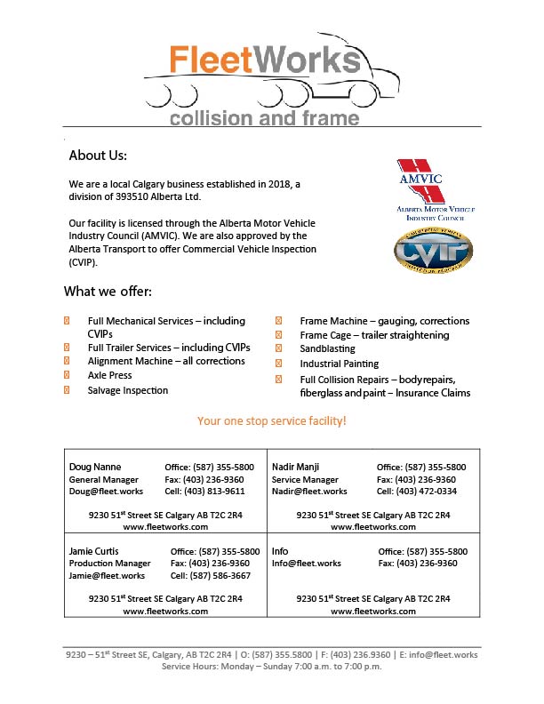 Fleet Works Collision and Frame | 9230 51 St SE, Calgary, AB T2C 2R4, Canada | Phone: (587) 355-5800