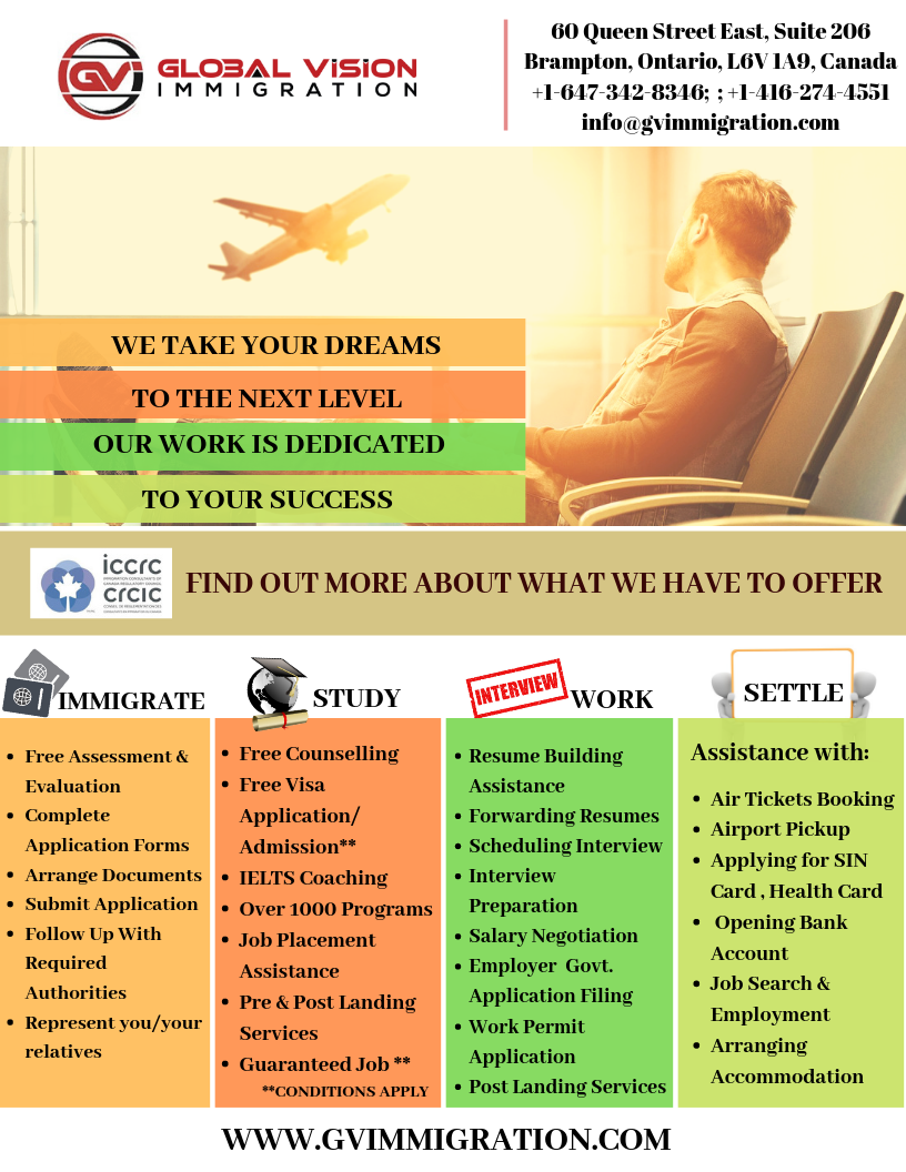 Global Vision Immigration Inc | 60 Queen St E # 206, Brampton, ON L6V 1A9, Canada | Phone: (647) 342-8346