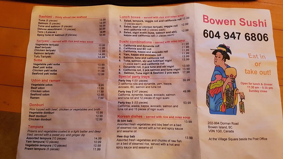 Bowen Sushi To Go | 994 Dorman Rd #202, Bowen Island, BC V0N 1G1, Canada | Phone: (604) 947-6806