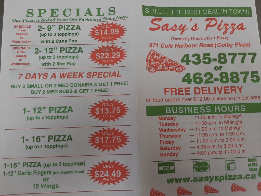 Sasys Pizza | 971 Cole Harbour Rd, Dartmouth, NS B2V 1E8, Canada | Phone: (902) 435-8777