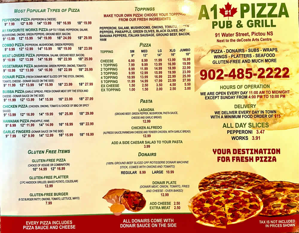A1 Pizza - Pub & Grill | 91 Water St, Pictou, NS B0K 1H0, Canada | Phone: (902) 485-2222