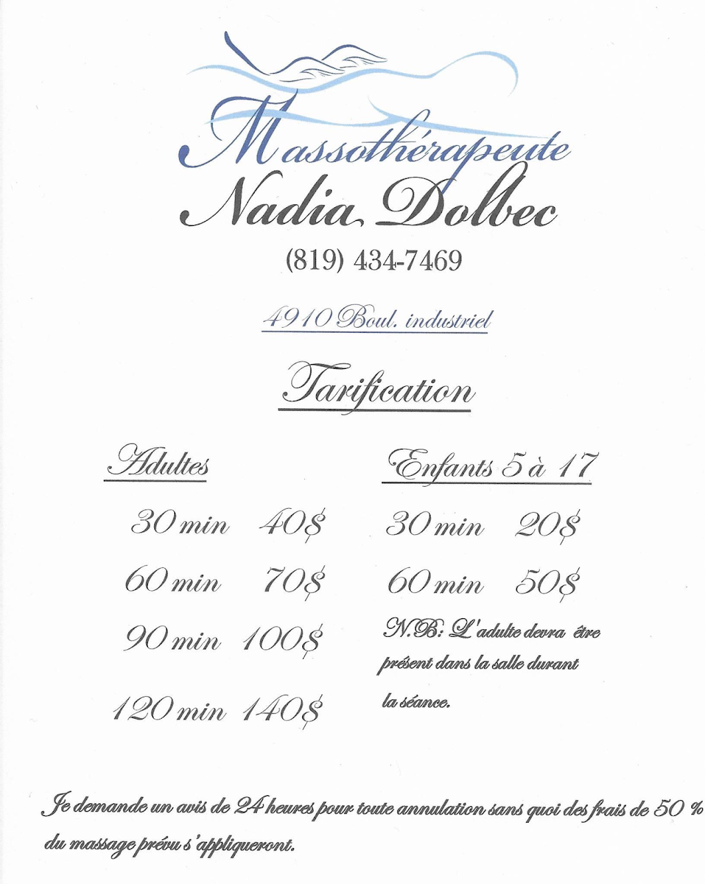 Massothérapeute Nadia Dolbec | 4910 Boulevard Industriel, Sherbrooke, QC J1R 0P4, Canada | Phone: (819) 434-7469
