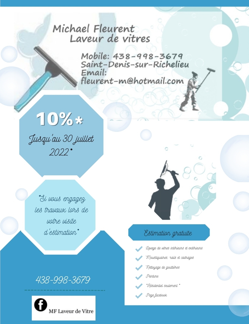 MF laveur de vitre | 296 Rue du Lion, Saint-Denis-sur-Richelieu, QC J0H 1K0, Canada | Phone: (438) 998-3679