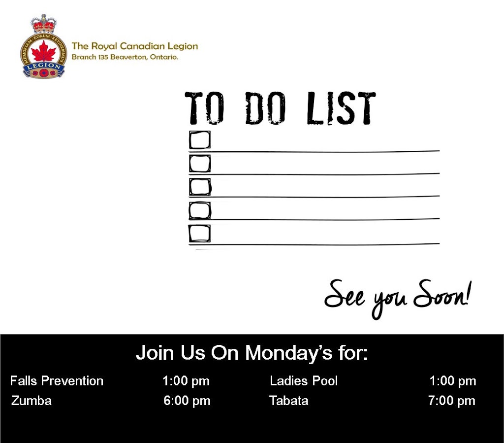 Royal Canadian Legion Branch 135 | 517 Mara Rd, Beaverton, ON L0K 1A0, Canada | Phone: (705) 426-7852